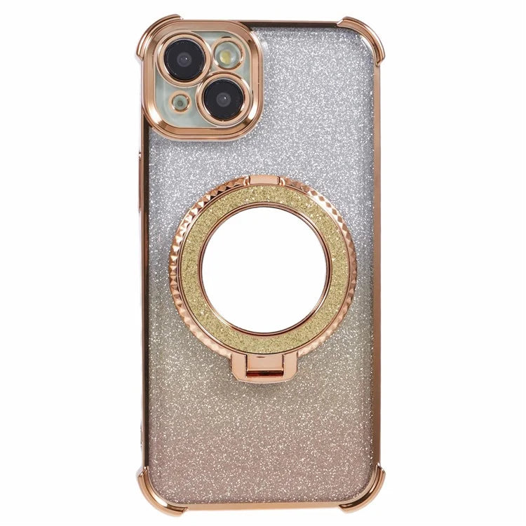 For iPhone 13 Case Ring Kickstand Electroplating Glitter TPU Phone Cover with Mirror