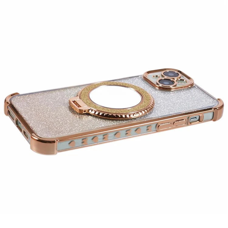 For iPhone 13 Case Ring Kickstand Electroplating Glitter TPU Phone Cover with Mirror