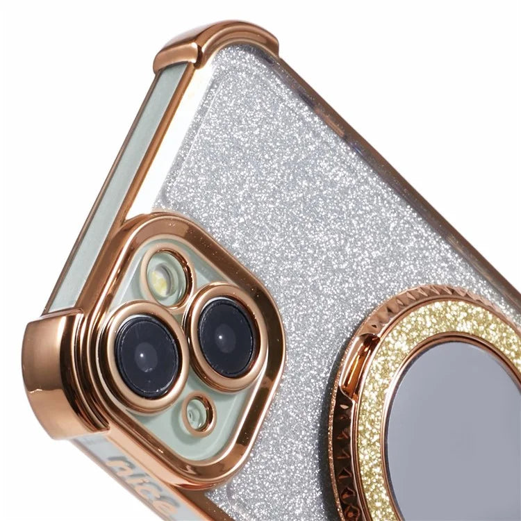 For iPhone 13 Case Ring Kickstand Electroplating Glitter TPU Phone Cover with Mirror