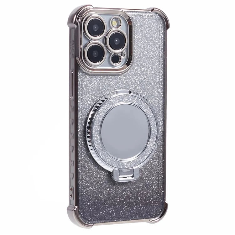 For iPhone 15 Pro Case Round Mirror Ring Kickstand Glitter Gradient TPU Phone Cover