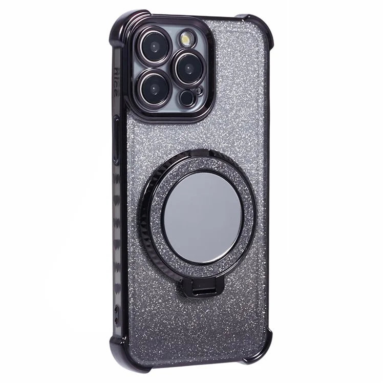 For iPhone 15 Pro Case Round Mirror Ring Kickstand Glitter Gradient TPU Phone Cover