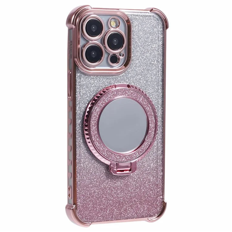 For iPhone 13 Pro Max Case Glitter Gradient Ring Kickstand TPU Phone Cover with Mirror