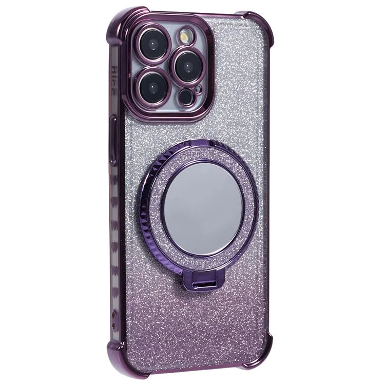 For iPhone 13 Pro Max Case Glitter Gradient Ring Kickstand TPU Phone Cover with Mirror