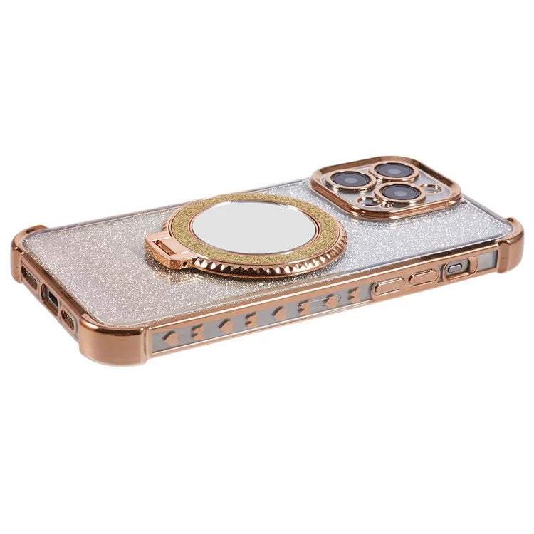 For iPhone 13 Pro Max Case Glitter Gradient Ring Kickstand TPU Phone Cover with Mirror