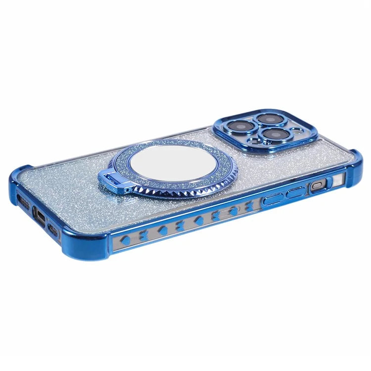For iPhone 13 Pro Kickstand Case Heart Pattern Edge Glitter TPU Phone Cover with Mirror