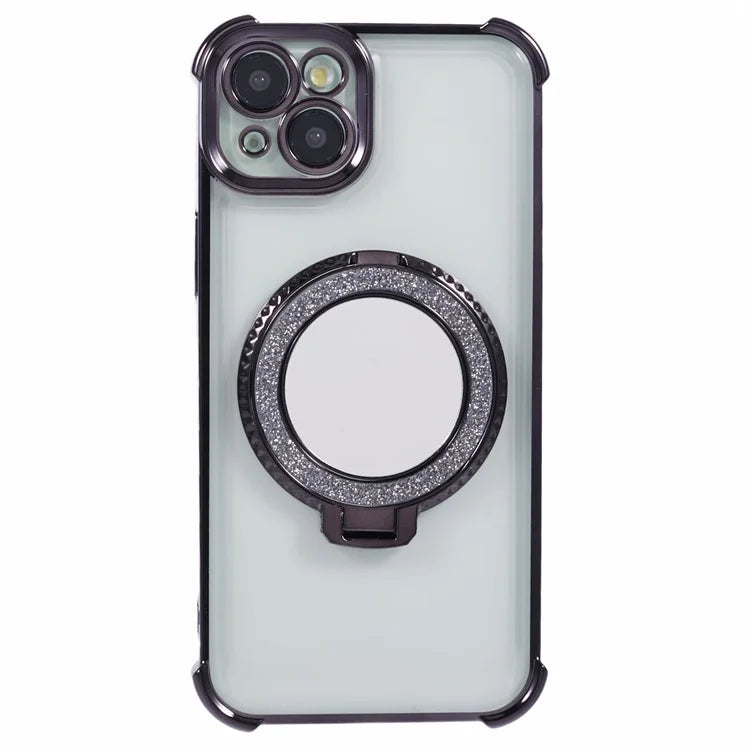 For iPhone 15 Side Heart Pattern Case Kickstand TPU Phone Cover with Mirror