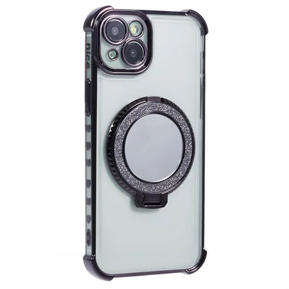 For iPhone 15 Side Heart Pattern Case Kickstand TPU Phone Cover with Mirror