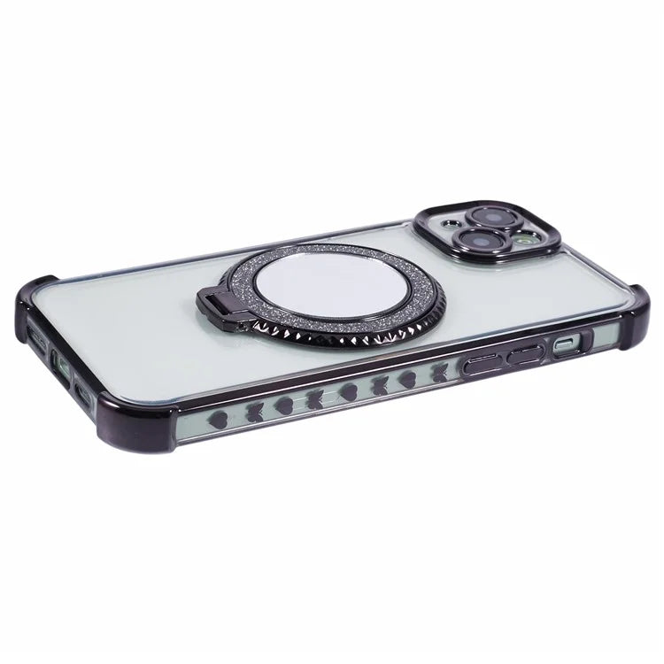 For iPhone 15 Side Heart Pattern Case Kickstand TPU Phone Cover with Mirror