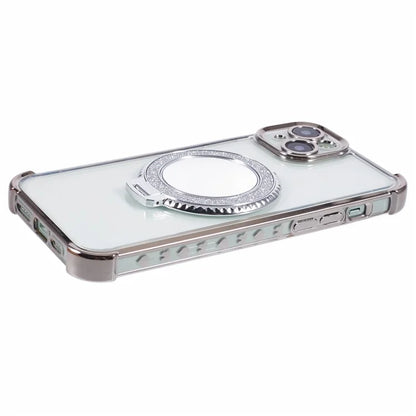For iPhone 15 Side Heart Pattern Case Kickstand TPU Phone Cover with Mirror