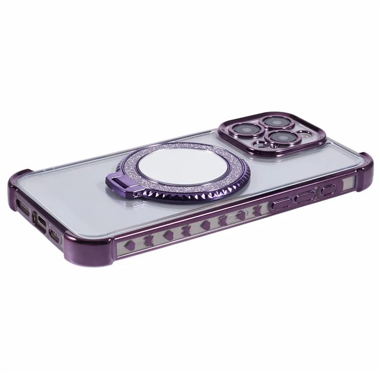 For iPhone 15 Pro Side Heart Pattern Case Kickstand TPU Phone Cover with Mirror