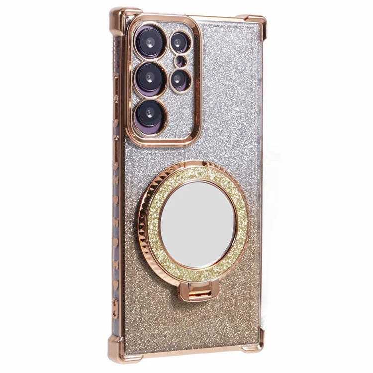 For Samsung Galaxy S22 Ultra 5G Case TPU Glitter Phone Cover with Kickstand and Mirror