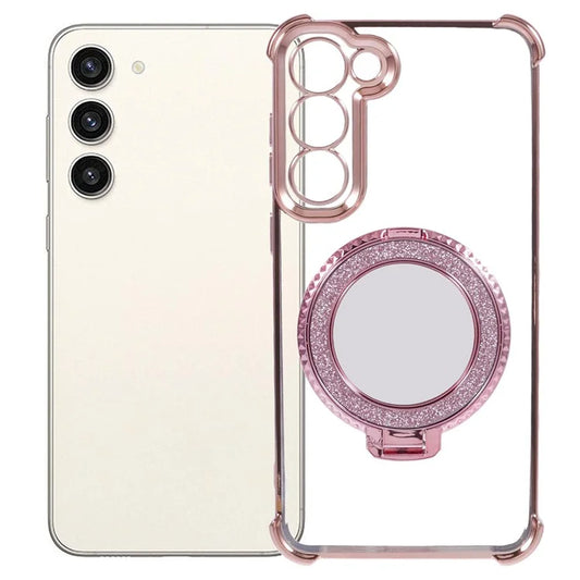 For Samsung Galaxy S23 Case Mirror Kickstand TPU Phone Cover Side Heart Pattern