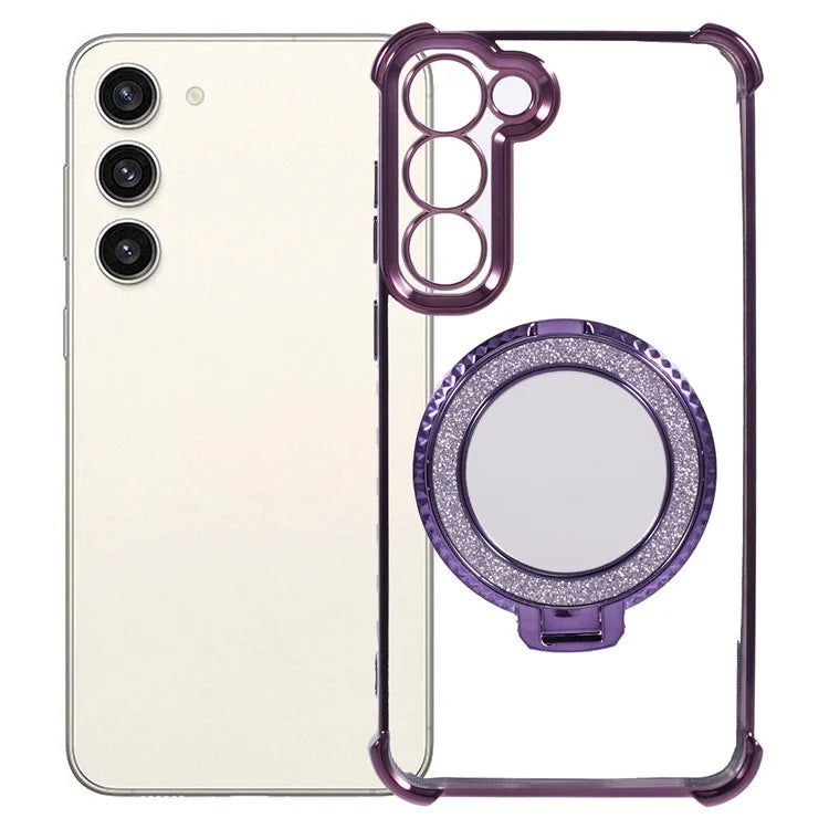 For Samsung Galaxy S23 Case Mirror Kickstand TPU Phone Cover Side Heart Pattern