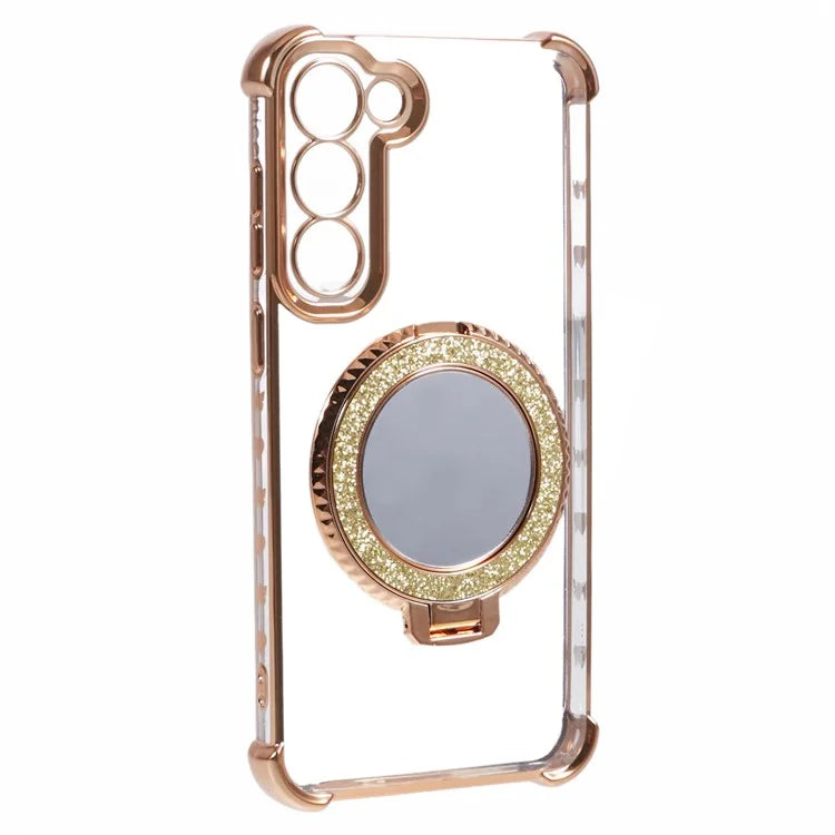 For Samsung Galaxy S23 Case Mirror Kickstand TPU Phone Cover Side Heart Pattern