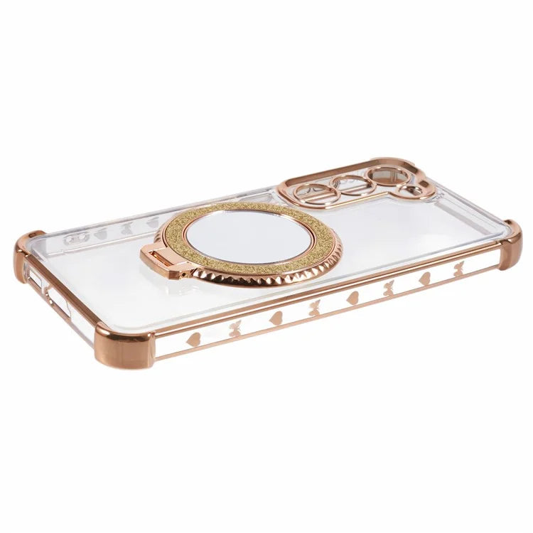 For Samsung Galaxy S23 Case Mirror Kickstand TPU Phone Cover Side Heart Pattern