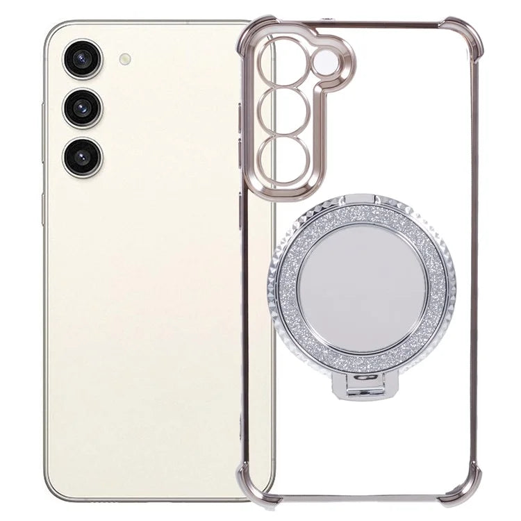 For Samsung Galaxy S23 Case Mirror Kickstand TPU Phone Cover Side Heart Pattern