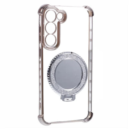 For Samsung Galaxy S23 Case Mirror Kickstand TPU Phone Cover Side Heart Pattern