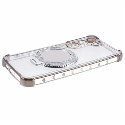 For Samsung Galaxy S23 Case Mirror Kickstand TPU Phone Cover Side Heart Pattern