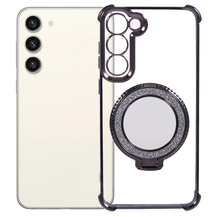 For Samsung Galaxy S23 Case Mirror Kickstand TPU Phone Cover Side Heart Pattern