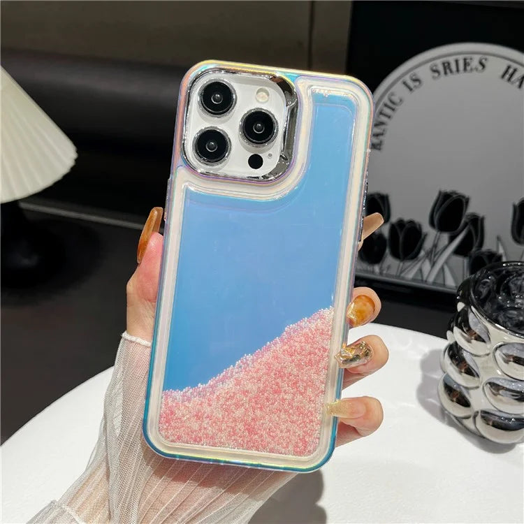 For iPhone 13 Pro Cell Phone Cover Flowing Beads PC+TPU Back Case White
