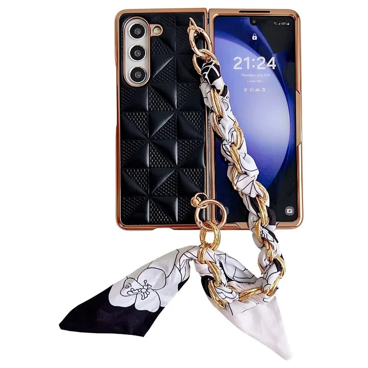 For Samsung Galaxy Z Fold6 5G Case Grid Texture PU+PC Phone Cover with Ribbon Chain Strap