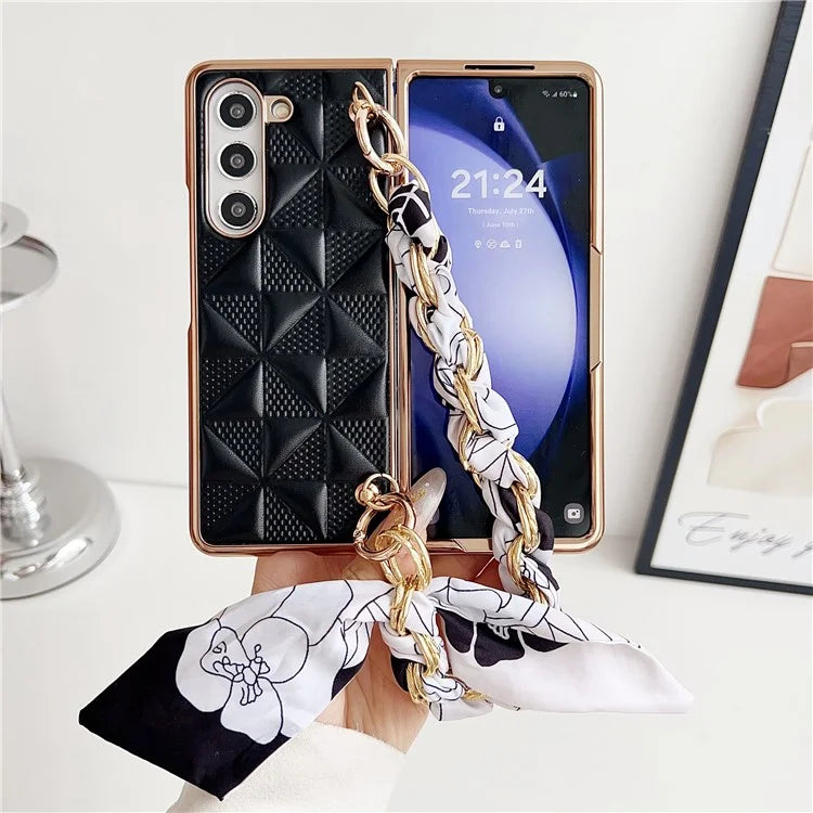 For Samsung Galaxy Z Fold6 5G Case Grid Texture PU+PC Phone Cover with Ribbon Chain Strap