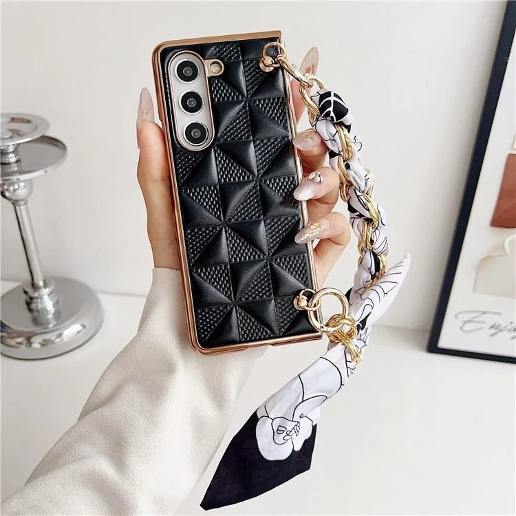 For Samsung Galaxy Z Fold6 5G Case Grid Texture PU+PC Phone Cover with Ribbon Chain Strap