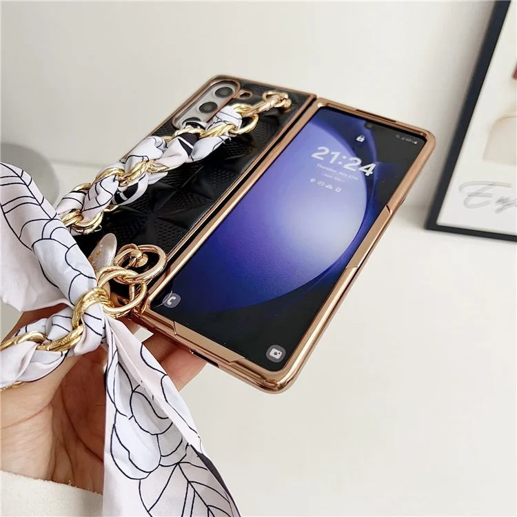 For Samsung Galaxy Z Fold6 5G Case Grid Texture PU+PC Phone Cover with Ribbon Chain Strap