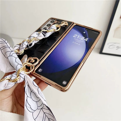 For Samsung Galaxy Z Fold6 5G Case Grid Texture PU+PC Phone Cover with Ribbon Chain Strap