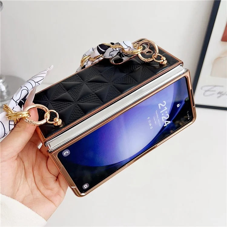 For Samsung Galaxy Z Fold6 5G Case Grid Texture PU+PC Phone Cover with Ribbon Chain Strap
