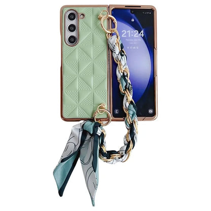 For Samsung Galaxy Z Fold6 5G Case Grid Texture PU+PC Phone Cover with Ribbon Chain Strap