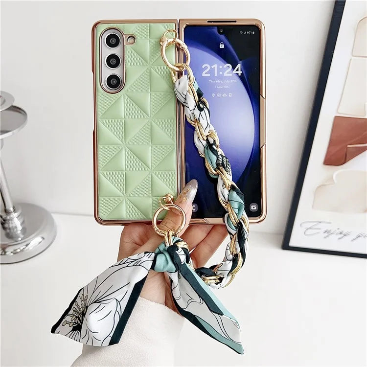 For Samsung Galaxy Z Fold6 5G Case Grid Texture PU+PC Phone Cover with Ribbon Chain Strap