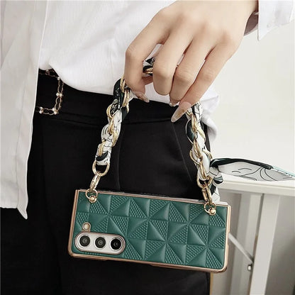 For Samsung Galaxy Z Fold6 5G Case Grid Texture PU+PC Phone Cover with Ribbon Chain Strap