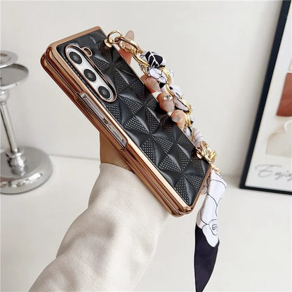 For Samsung Galaxy Z Fold6 5G Case Grid Texture PU+PC Phone Cover with Ribbon Chain Strap