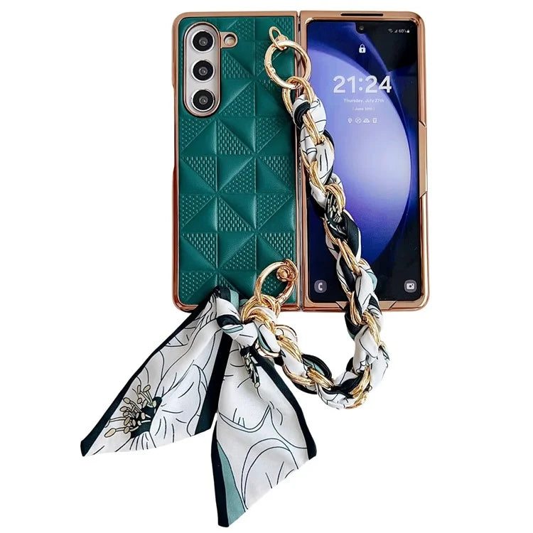 For Samsung Galaxy Z Fold6 5G Case Grid Texture PU+PC Phone Cover with Ribbon Chain Strap