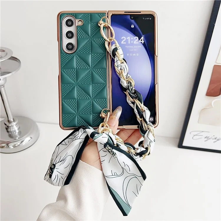 For Samsung Galaxy Z Fold6 5G Case Grid Texture PU+PC Phone Cover with Ribbon Chain Strap