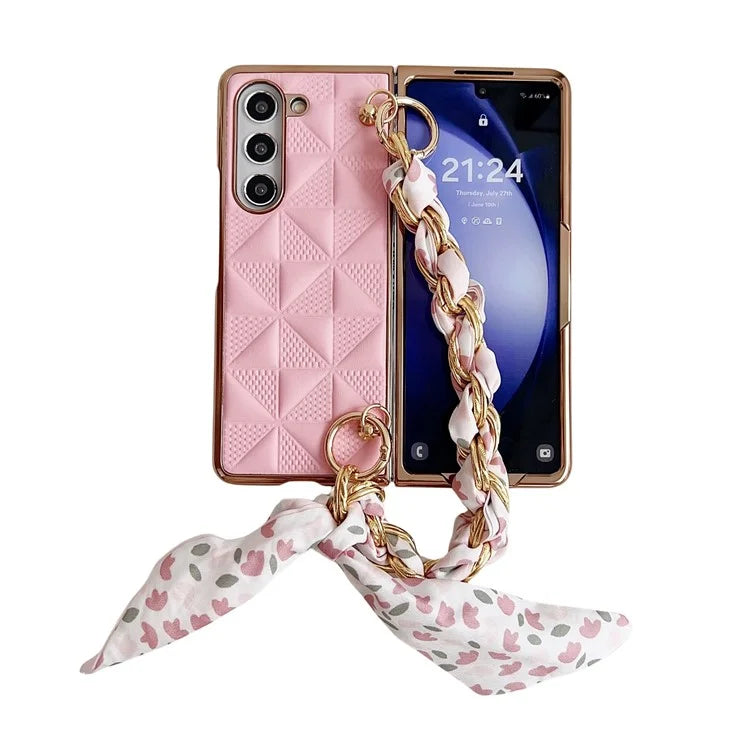 For Samsung Galaxy Z Fold6 5G Case Grid Texture PU+PC Phone Cover with Ribbon Chain Strap