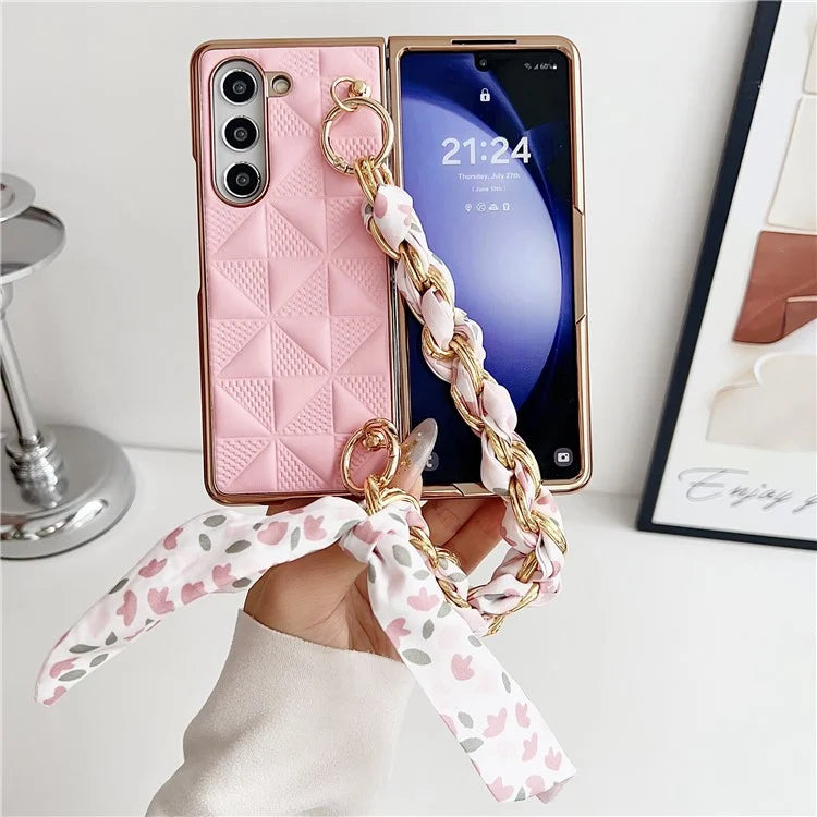 For Samsung Galaxy Z Fold6 5G Case Grid Texture PU+PC Phone Cover with Ribbon Chain Strap