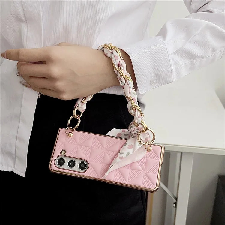 For Samsung Galaxy Z Fold6 5G Case Grid Texture PU+PC Phone Cover with Ribbon Chain Strap