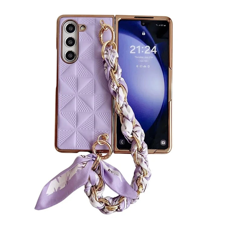 For Samsung Galaxy Z Fold6 5G Case Grid Texture PU+PC Phone Cover with Ribbon Chain Strap