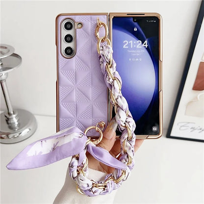 For Samsung Galaxy Z Fold6 5G Case Grid Texture PU+PC Phone Cover with Ribbon Chain Strap