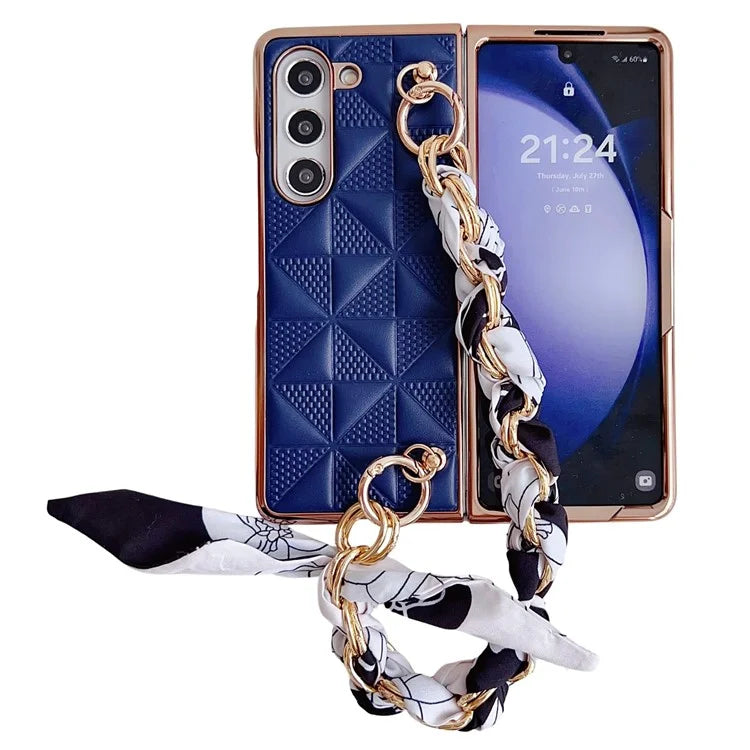 For Samsung Galaxy Z Fold6 5G Case Grid Texture PU+PC Phone Cover with Ribbon Chain Strap