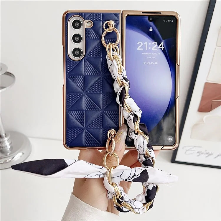 For Samsung Galaxy Z Fold6 5G Case Grid Texture PU+PC Phone Cover with Ribbon Chain Strap