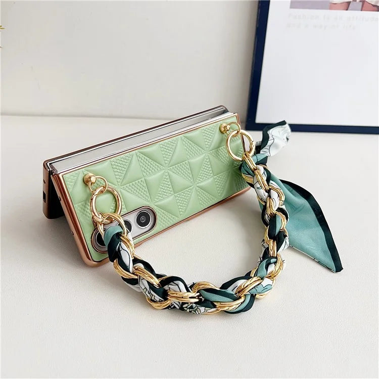 For Samsung Galaxy Z Fold6 5G Case Grid Texture PU+PC Phone Cover with Ribbon Chain Strap