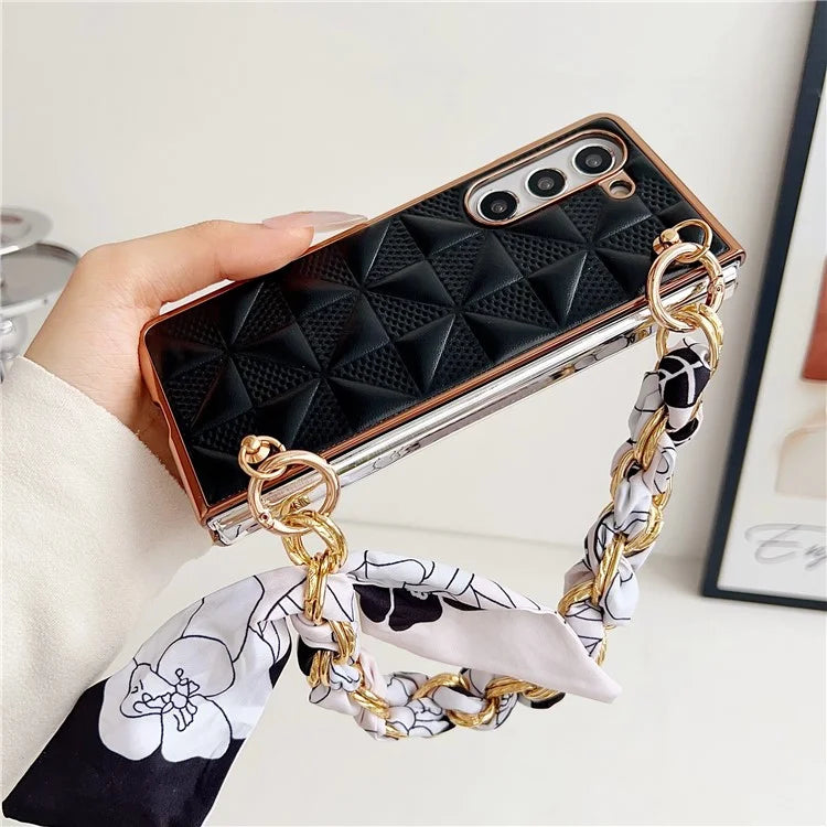 For Samsung Galaxy Z Fold6 5G Case Grid Texture PU+PC Phone Cover with Ribbon Chain Strap