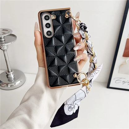 For Samsung Galaxy Z Fold6 5G Case Grid Texture PU+PC Phone Cover with Ribbon Chain Strap