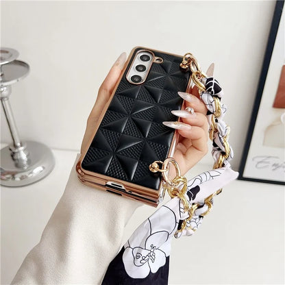 For Samsung Galaxy Z Fold6 5G Case Grid Texture PU+PC Phone Cover with Ribbon Chain Strap