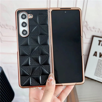 For Samsung Galaxy Z Fold6 5G Case Grid Pattern PU Leather+PC Electroplating Phone Cover