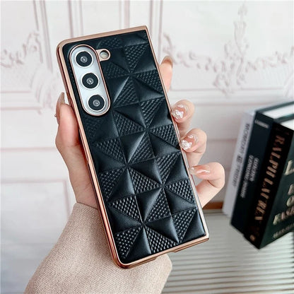 For Samsung Galaxy Z Fold6 5G Case Grid Pattern PU Leather+PC Electroplating Phone Cover