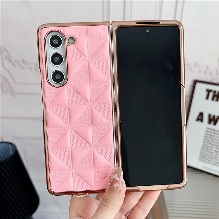 For Samsung Galaxy Z Fold6 5G Case Grid Pattern PU Leather+PC Electroplating Phone Cover